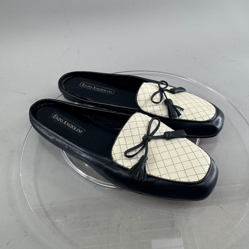 Enzo Angiolini Womens Leather Mules Quilted Tassel Square Toe Black Cream 7M